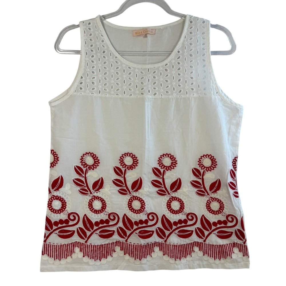 Miss Cocoa Embroidered Tank Top White‎ Red Floral Eyelet Viscose Boho G S READ